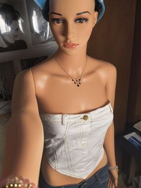 NWT La Armario Cream Denim Corset Crop Top Size L Strapless Y2K